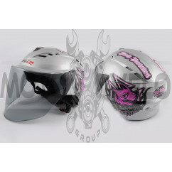 Шлем открытый (mod:100) (аэроформа, черный визор) (size:L, серебро, PINK PUSSIES) LS2