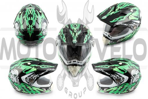 Шлем кроссовый (mod:CR188) (с визором, size:XL, черно-зеленый) HELMO