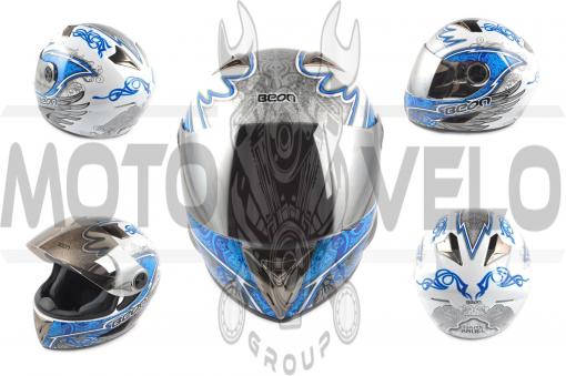 Шлем-интеграл (mod:B-500) (size:L, бело-синий, зеркальный визор, DARK ANGEL) BEON